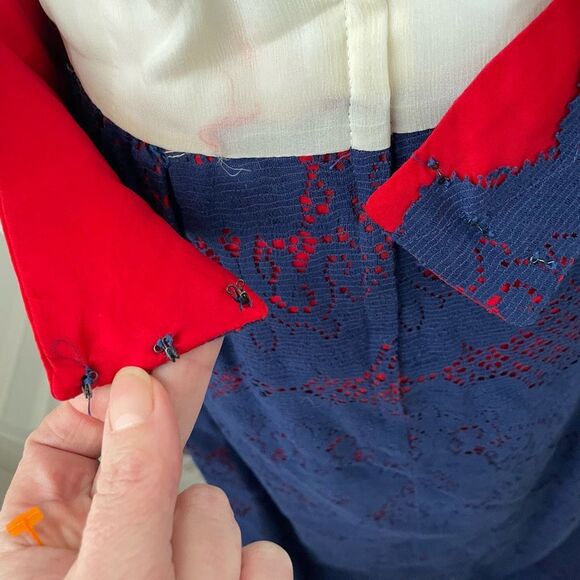 Vintage 70s Calderon Blue White Red Maxi Dress Long Sleeve S M - Picture 10 of 12